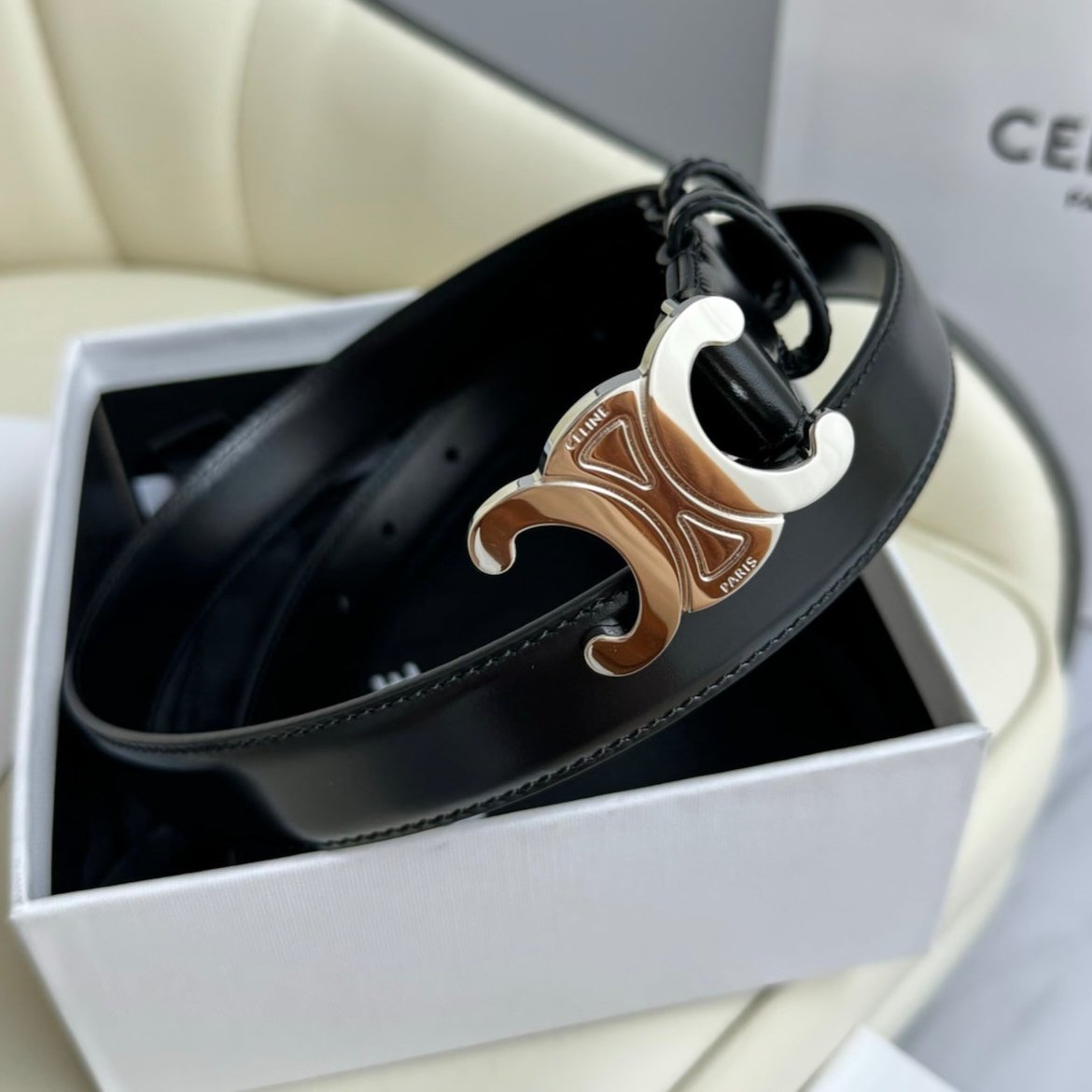 CELINE MEDIUM TRIOMPHE BELT 25MM BLACK LEATHER SILVER HARDWARE