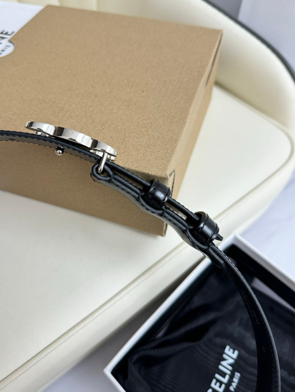 CELINE MEDIUM TRIOMPHE BELT 25MM BLACK LEATHER SILVER HARDWARE