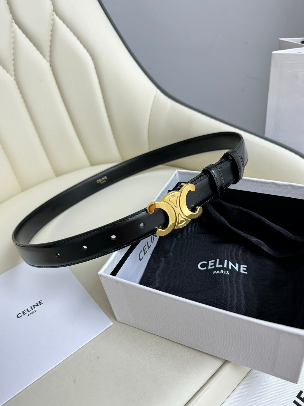 CELINE MEDIUM TRIOMPHE BELT 25MM BLACK LEATHER GOLD HARDWARE