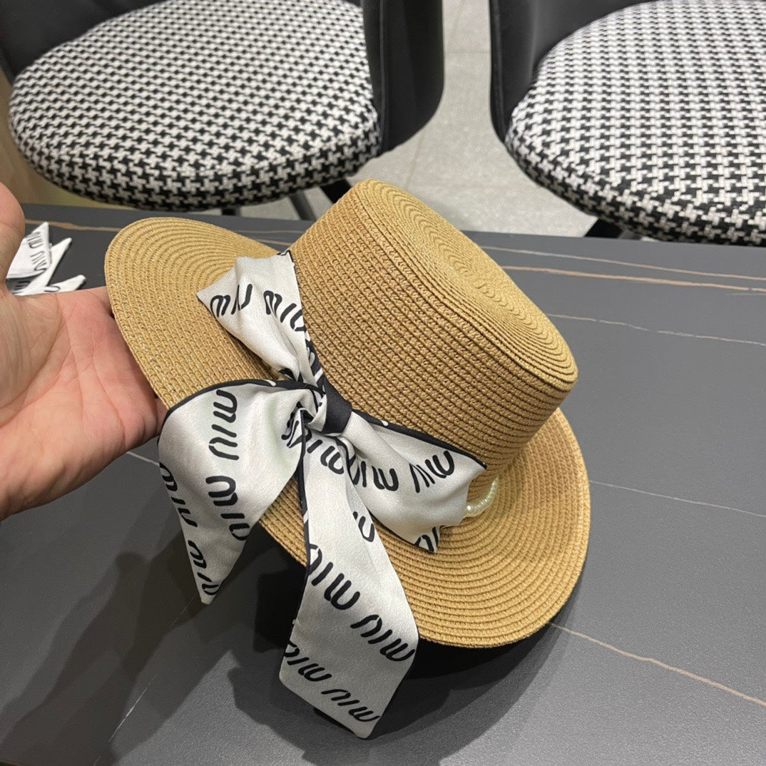 MIU MIU MM SMALL-BRIM STRAW HAT IN BEIGE AND PEARL EMBELLISHED