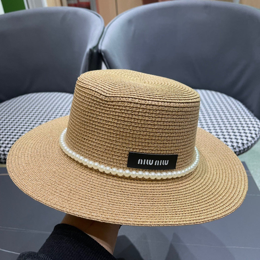 MIU MIU MM SMALL-BRIM STRAW HAT IN BEIGE AND PEARL EMBELLISHED