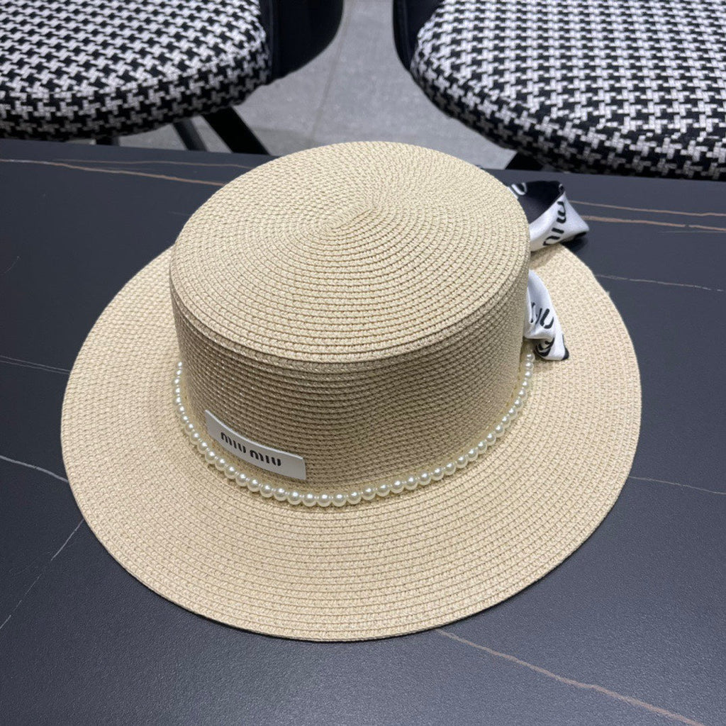 MIU MIU MM SMALL-BRIM STRAW HAT IN LIGHT BEIGE AND PEARL EMBELLISHED