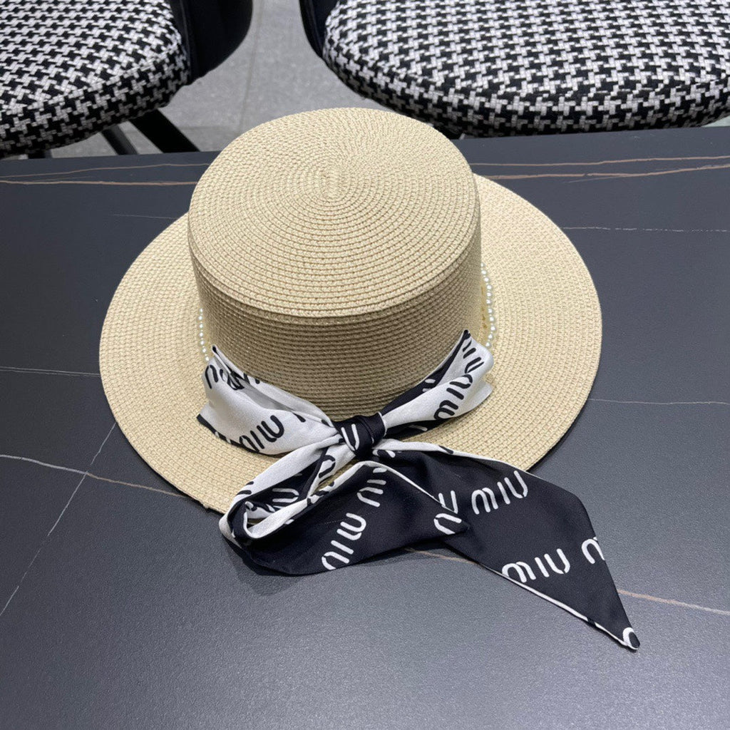 MIU MIU MM SMALL-BRIM STRAW HAT IN LIGHT BEIGE AND PEARL EMBELLISHED