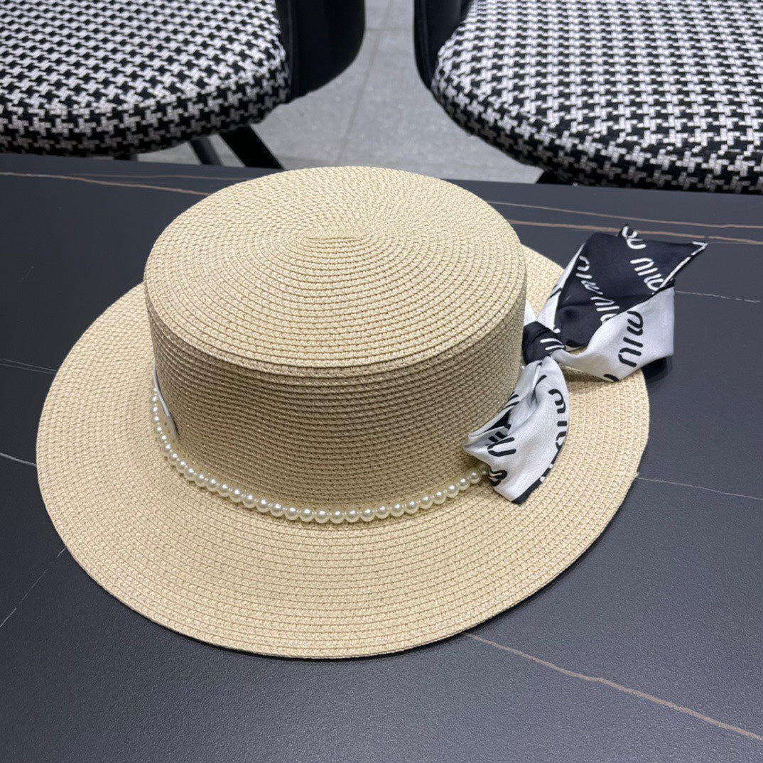 MIU MIU MM SMALL-BRIM STRAW HAT IN LIGHT BEIGE AND PEARL EMBELLISHED