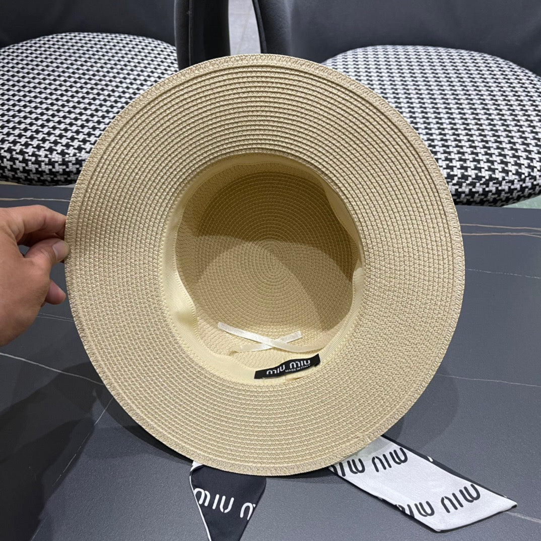 MIU MIU MM SMALL-BRIM STRAW HAT IN LIGHT BEIGE AND PEARL EMBELLISHED