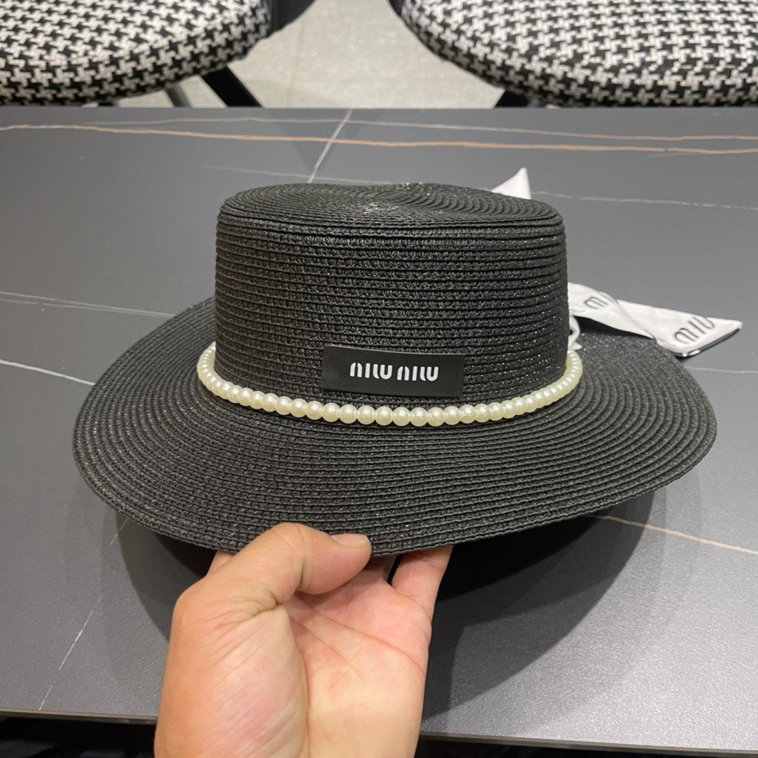MIU MIU MM SMALL-BRIM STRAW HAT IN BLACK AND PEARL EMBELLISHED