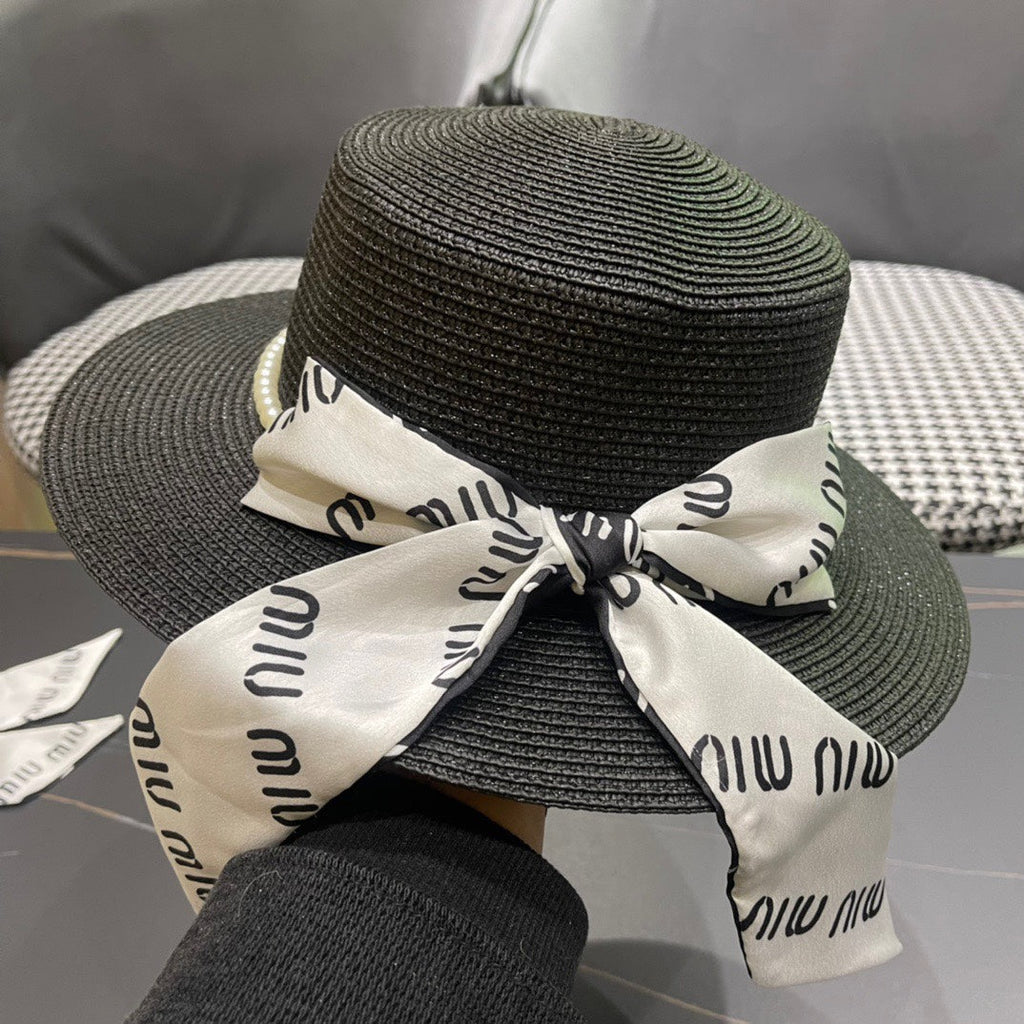 MIU MIU MM SMALL-BRIM STRAW HAT IN BLACK AND PEARL EMBELLISHED