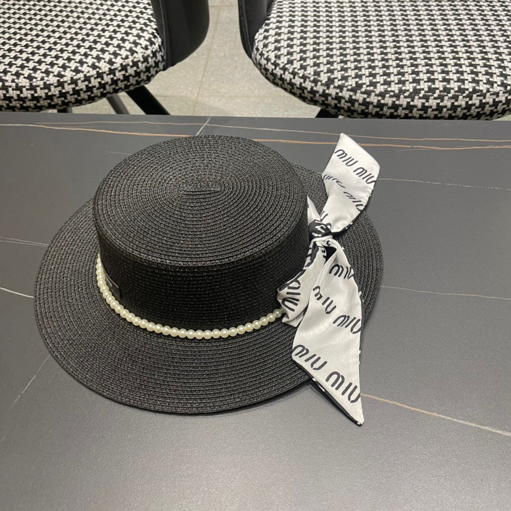 MIU MIU MM SMALL-BRIM STRAW HAT IN BLACK AND PEARL EMBELLISHED