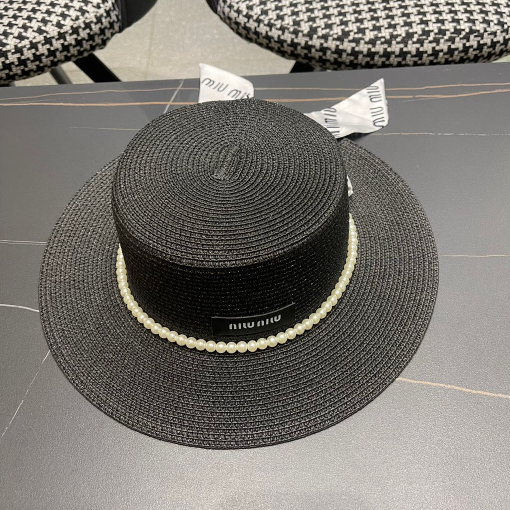 MIU MIU MM SMALL-BRIM STRAW HAT IN BLACK AND PEARL EMBELLISHED
