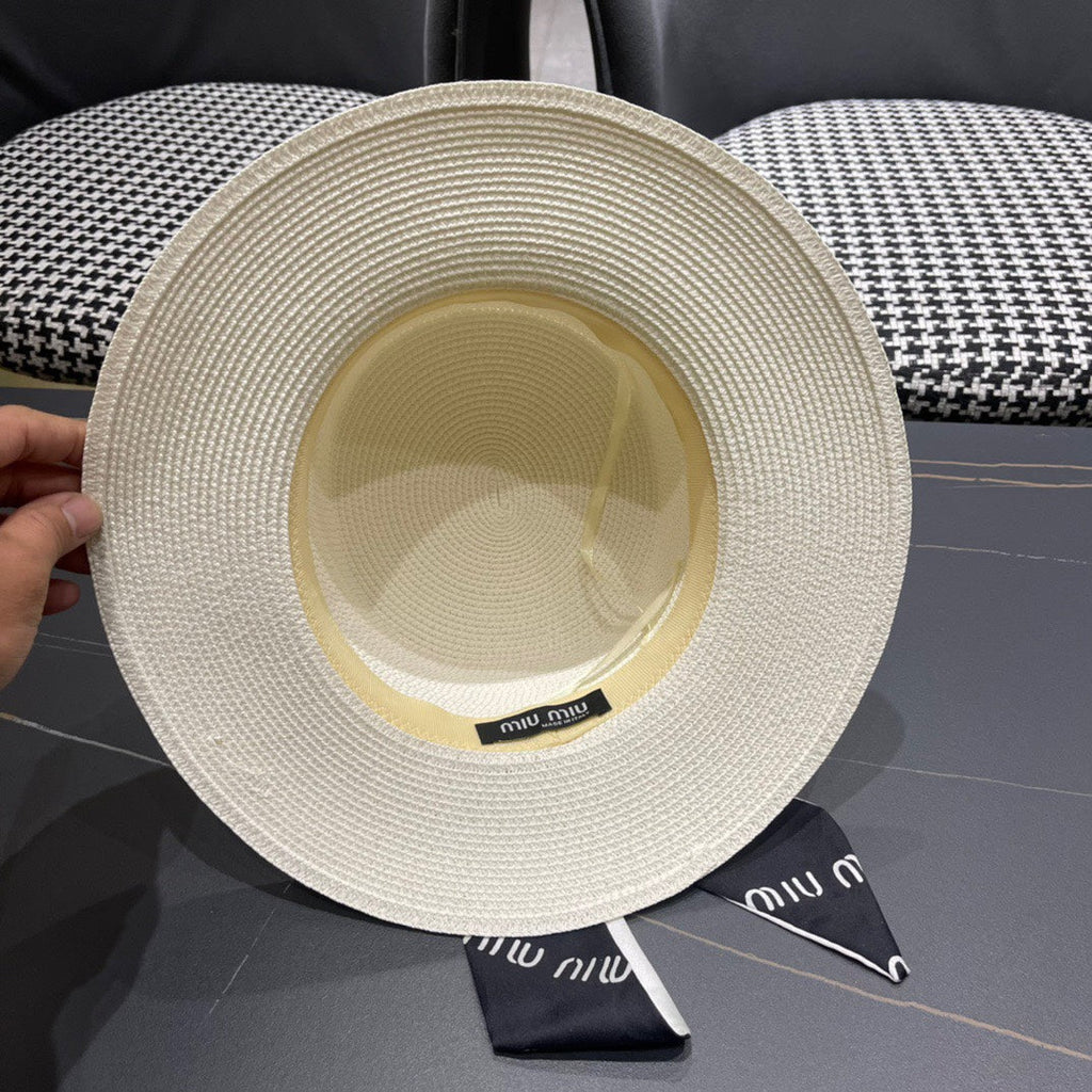 MIU MIU MM SMALL-BRIM STRAW HAT IN CREAM WHITE AND PEARL EMBELLISHED