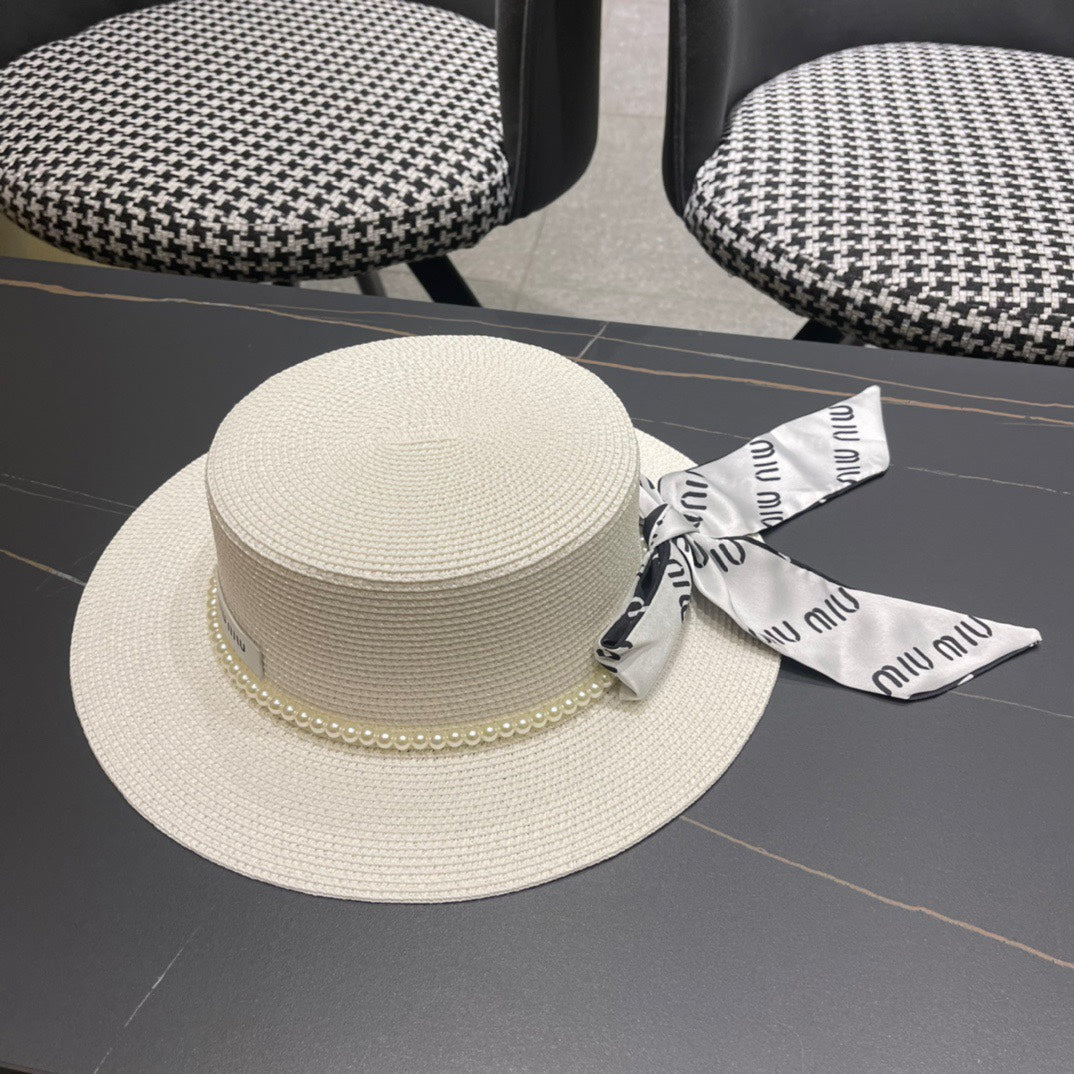 MIU MIU MM SMALL-BRIM STRAW HAT IN CREAM WHITE AND PEARL EMBELLISHED