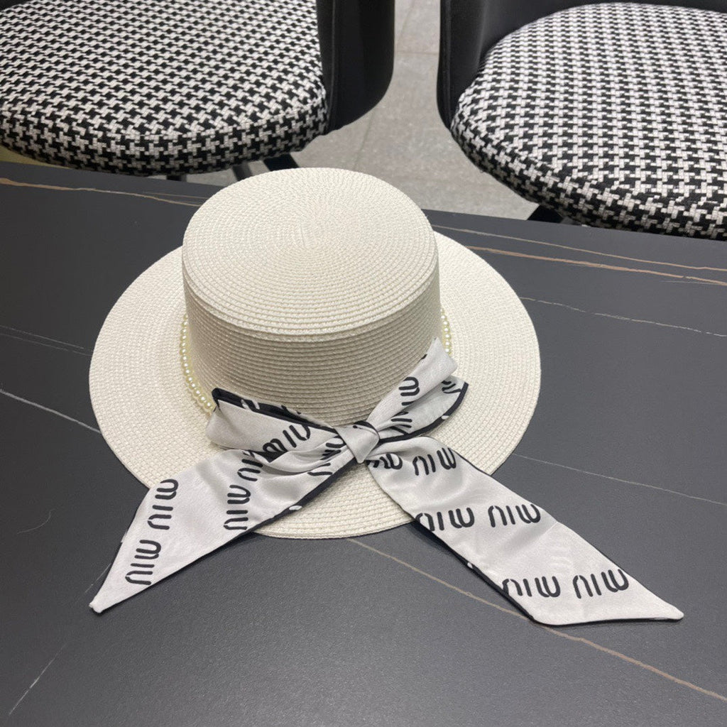 MIU MIU MM SMALL-BRIM STRAW HAT IN CREAM WHITE AND PEARL EMBELLISHED