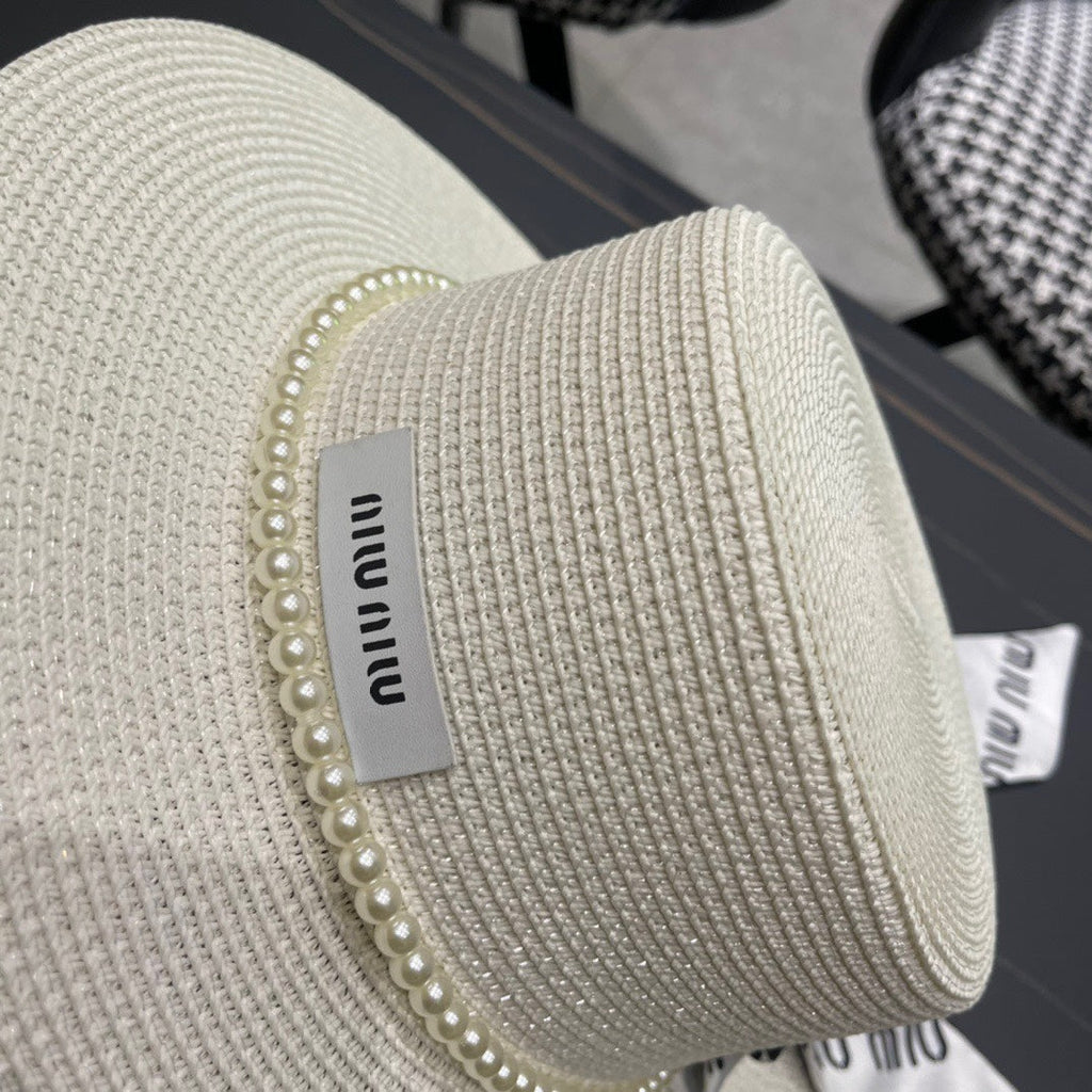 MIU MIU MM SMALL-BRIM STRAW HAT IN CREAM WHITE AND PEARL EMBELLISHED