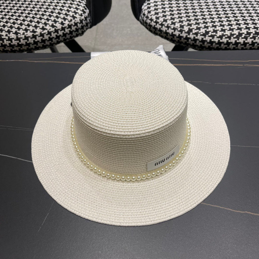 MIU MIU MM SMALL-BRIM STRAW HAT IN CREAM WHITE AND PEARL EMBELLISHED