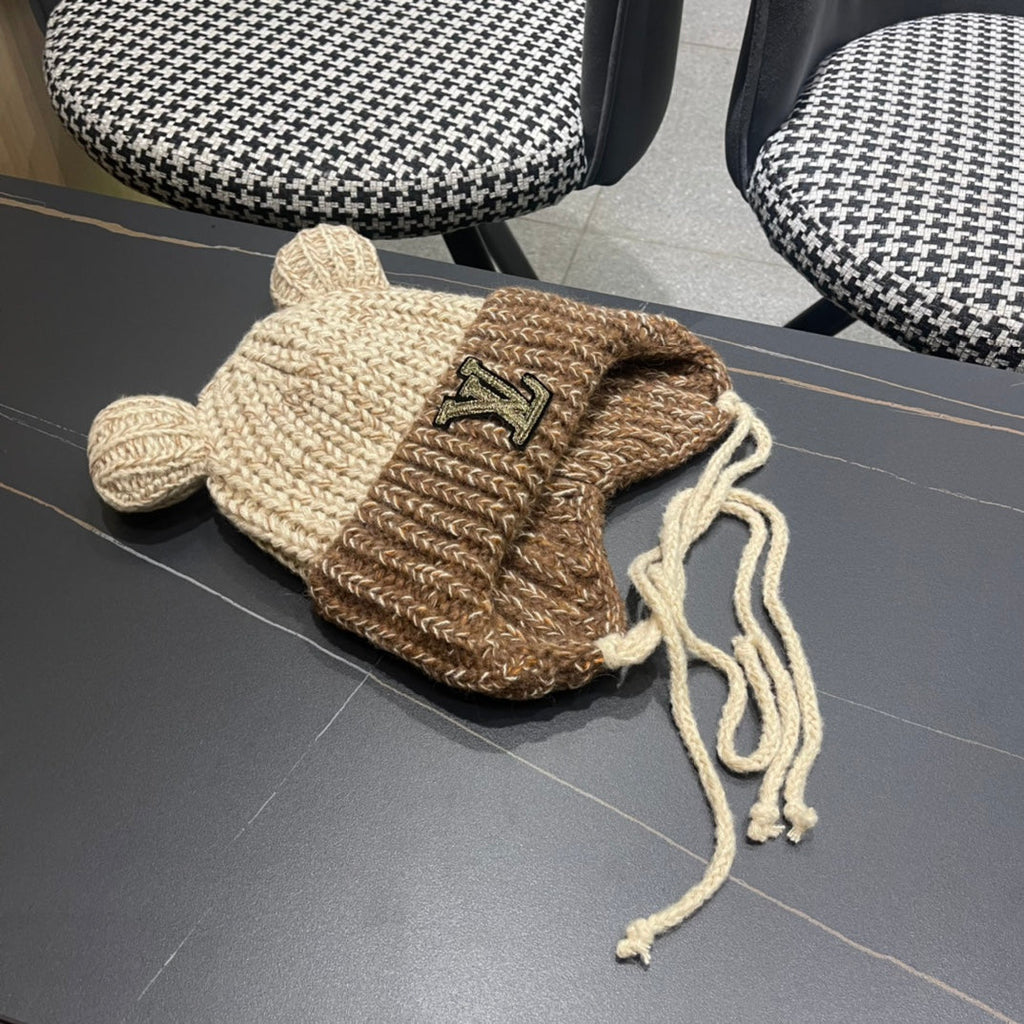 LOUIS VUITTON KNITTED BEANIE HAT WITH CUTE EARS IN BEIGE MIX BROWN WOOL 403482
