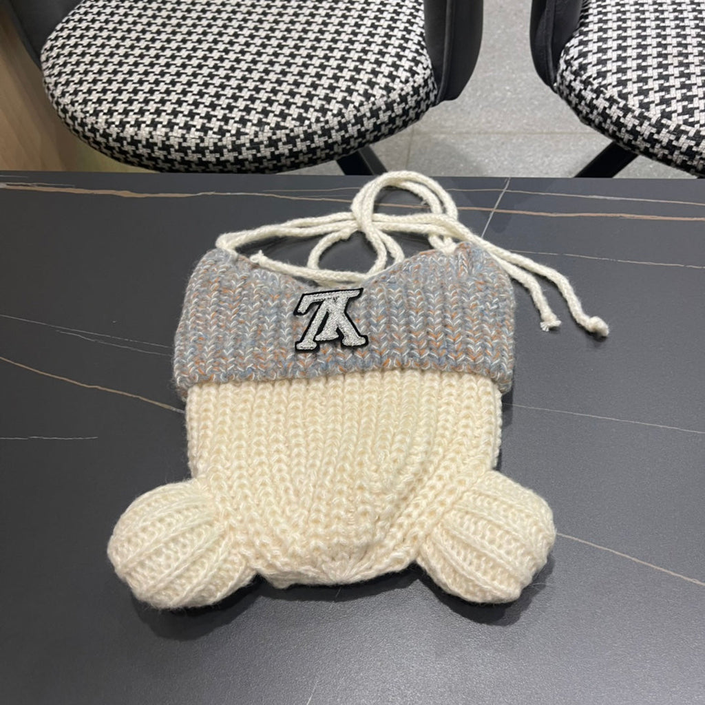LOUIS VUITTON KNITTED BEANIE HAT WITH CUTE EARS IN WHITE MIX GRAY WOOL 403484