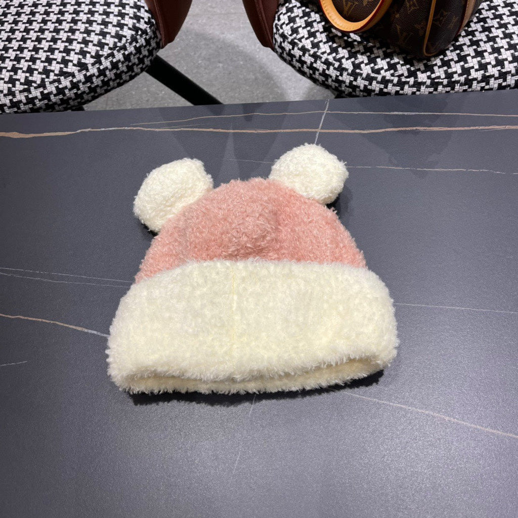 MONCLER BEANIE HAT IN BLUSH PINK MIX WHITE WOOL AND RABBIT FUR 437686