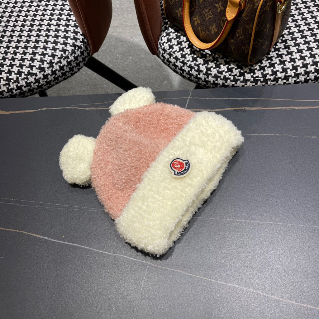 MONCLER BEANIE HAT IN BLUSH PINK MIX WHITE WOOL AND RABBIT FUR 437686