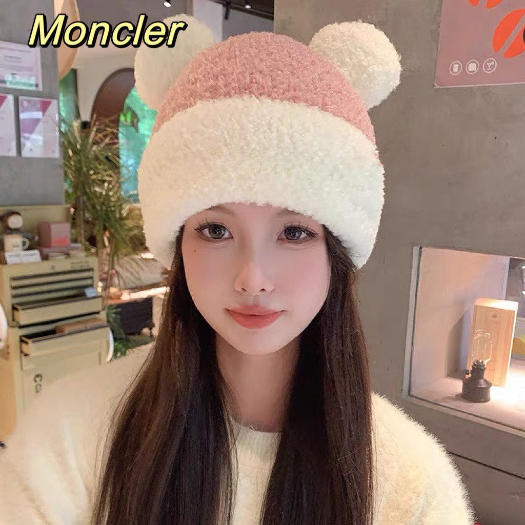 MONCLER BEANIE HAT IN BLUSH PINK MIX WHITE WOOL AND RABBIT FUR 437686
