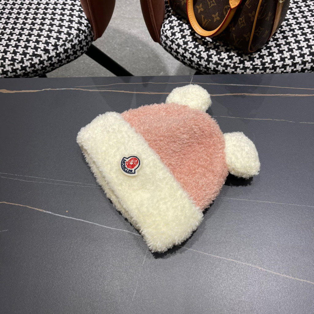 MONCLER BEANIE HAT IN BLUSH PINK MIX WHITE WOOL AND RABBIT FUR 437686