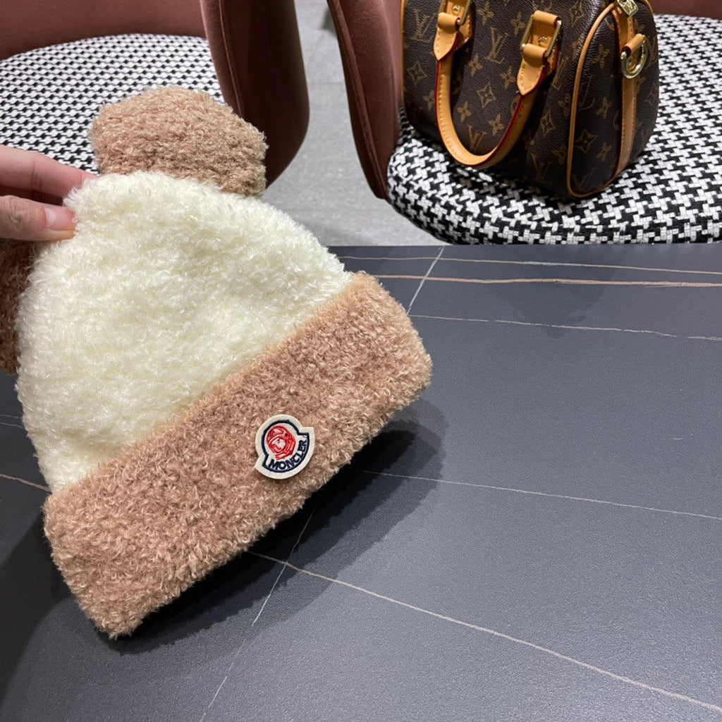 MONCLER BEANIE HAT IN BEIGE MIX CAMEL BROWN WOOL AND RABBIT FUR 437687