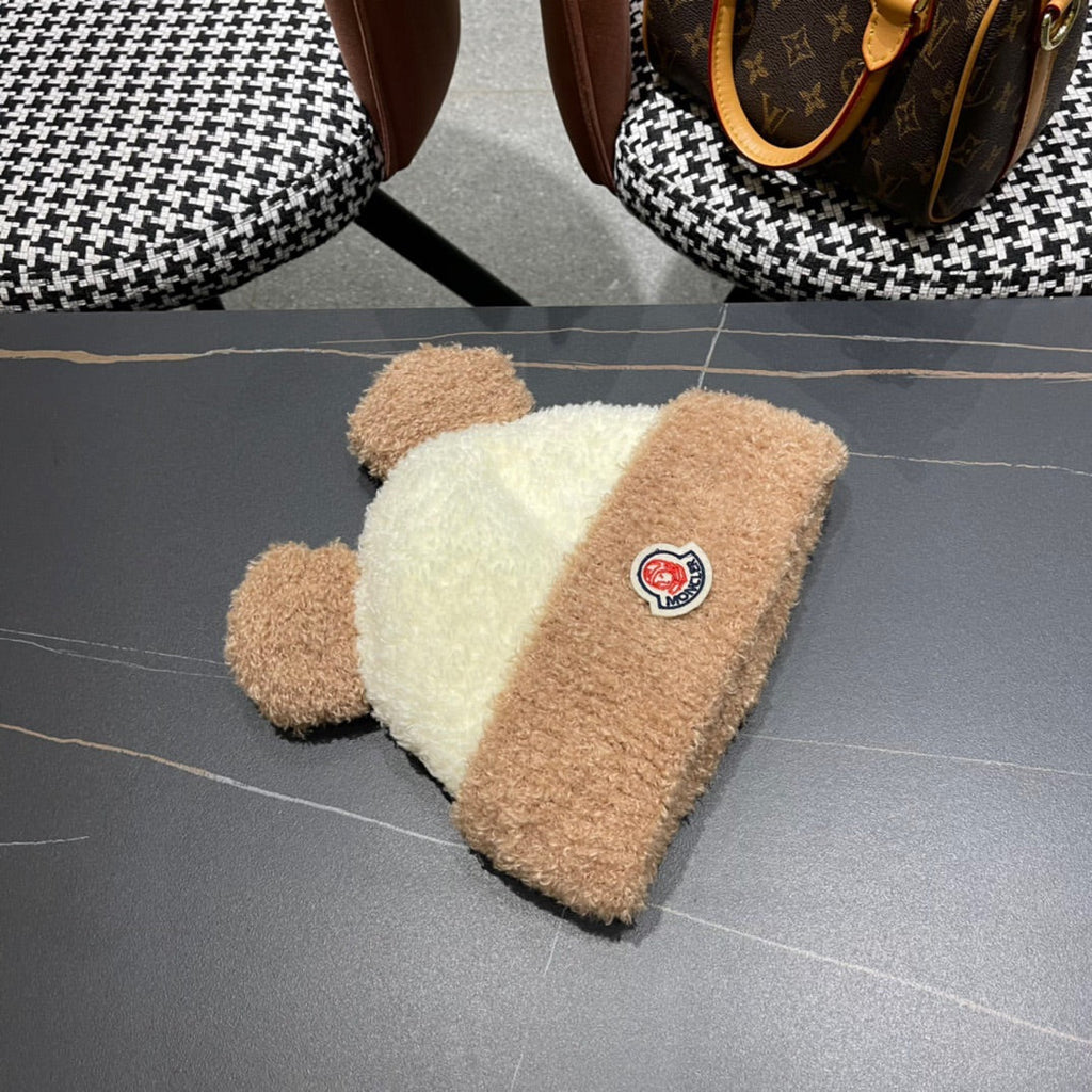 MONCLER BEANIE HAT IN BEIGE MIX CAMEL BROWN WOOL AND RABBIT FUR 437687