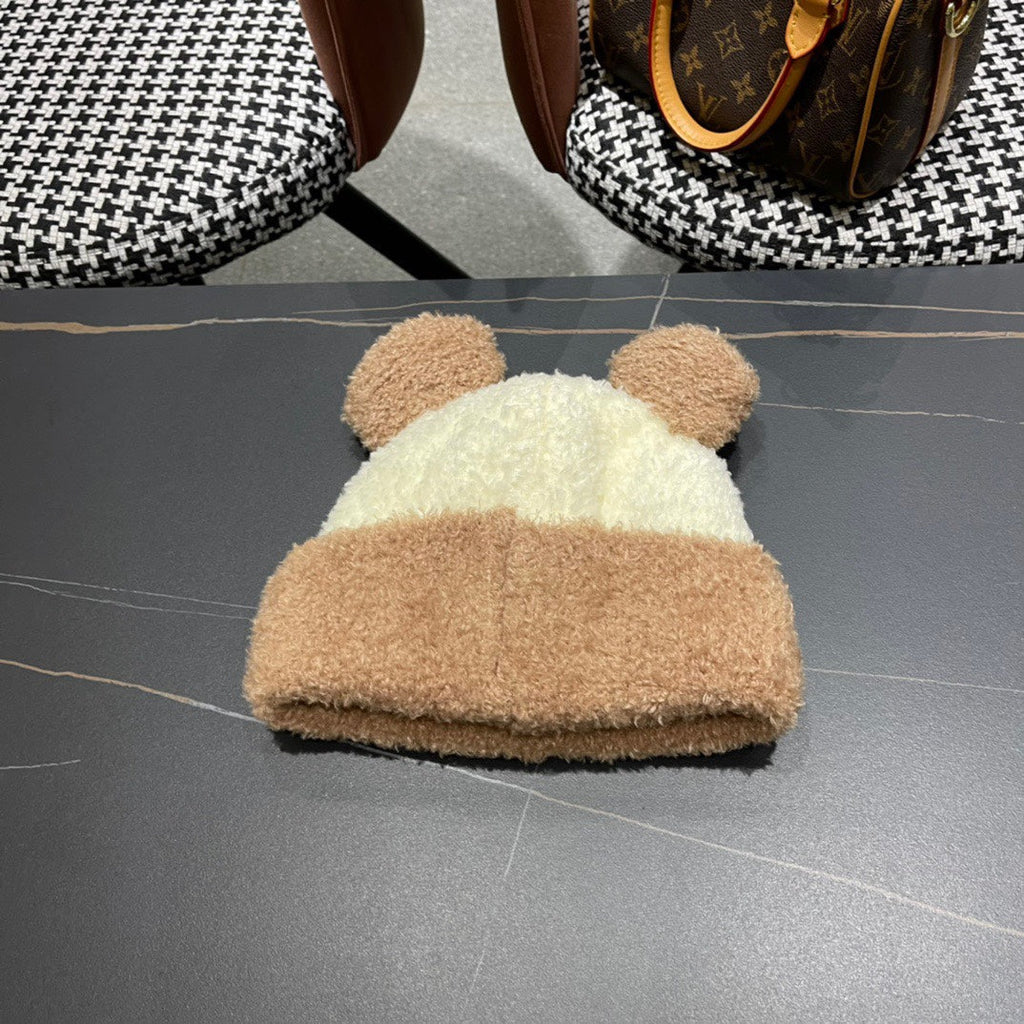 MONCLER BEANIE HAT IN BEIGE MIX CAMEL BROWN WOOL AND RABBIT FUR 437687