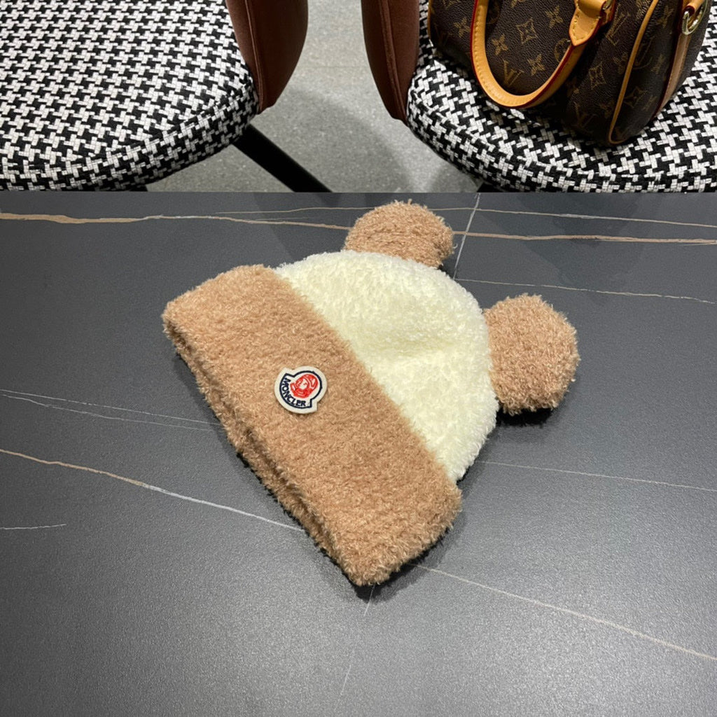MONCLER BEANIE HAT IN BEIGE MIX CAMEL BROWN WOOL AND RABBIT FUR 437687