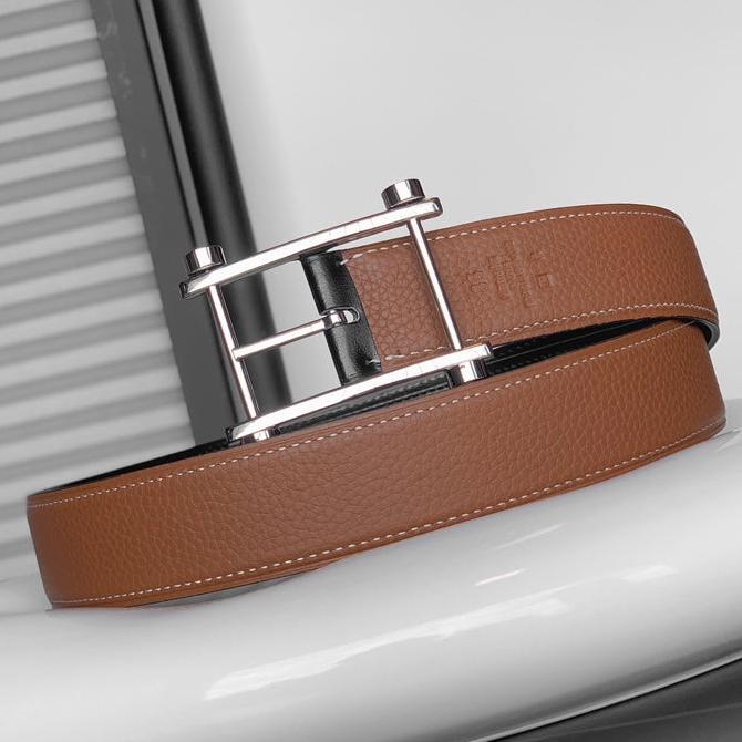 HERMES REVERSIBLE BLACK AND BRONZE BROWN LEATHER STRAP 32 MM SILVER HARDWARE