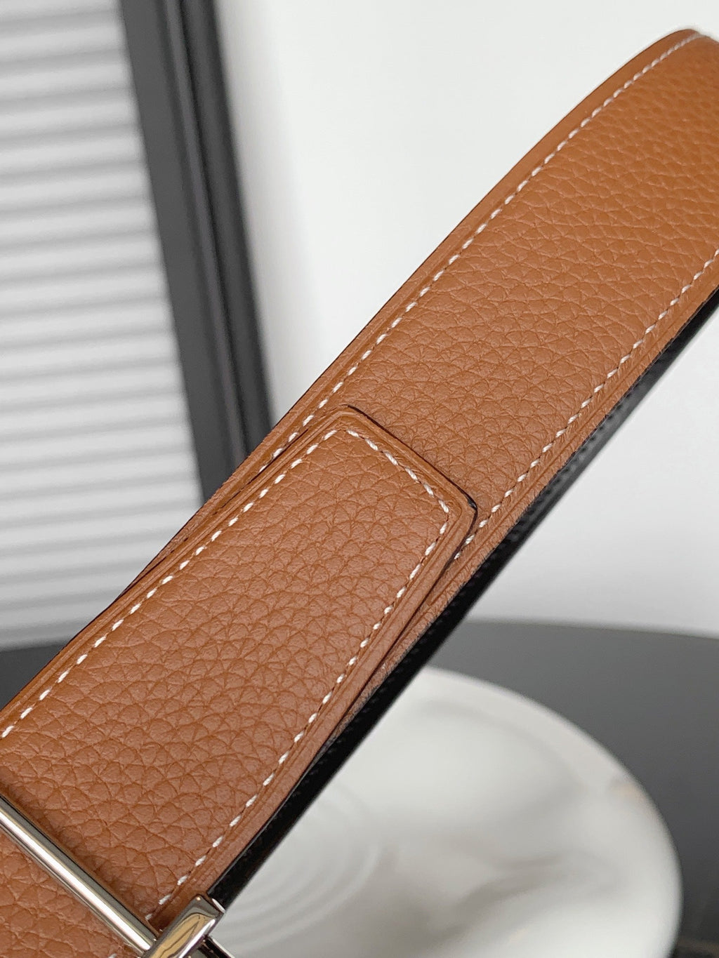 HERMES REVERSIBLE BLACK AND BRONZE BROWN LEATHER STRAP 32 MM SILVER HARDWARE