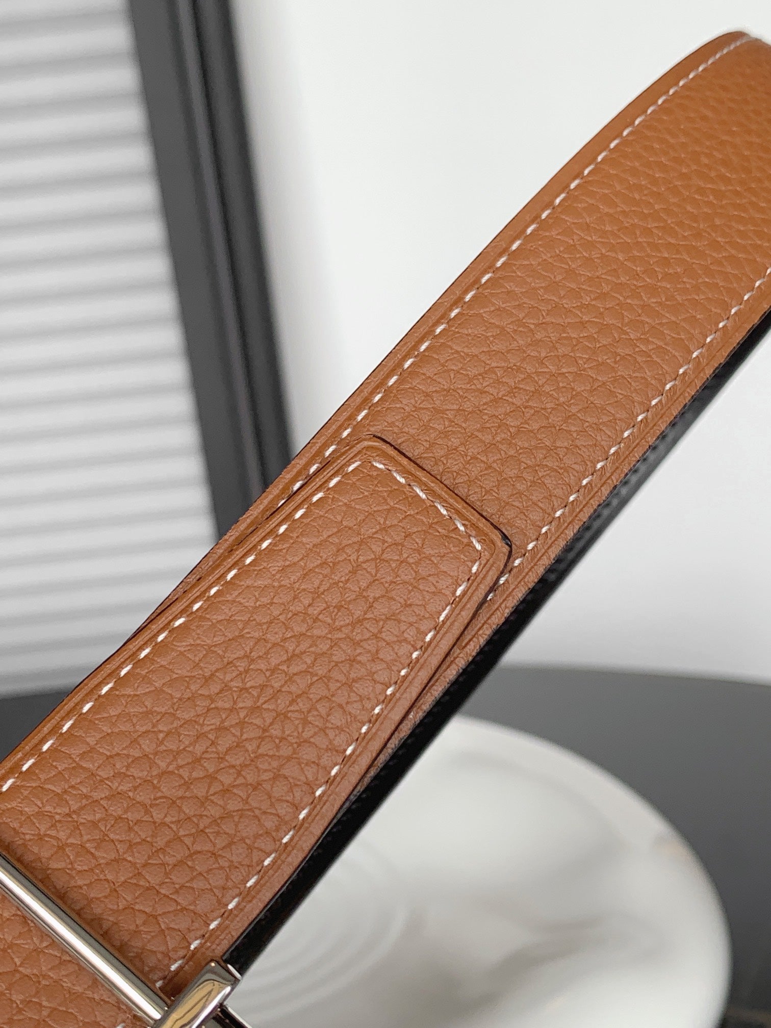 HERMES REVERSIBLE BLACK AND BRONZE BROWN LEATHER STRAP 32 MM SILVER HARDWARE