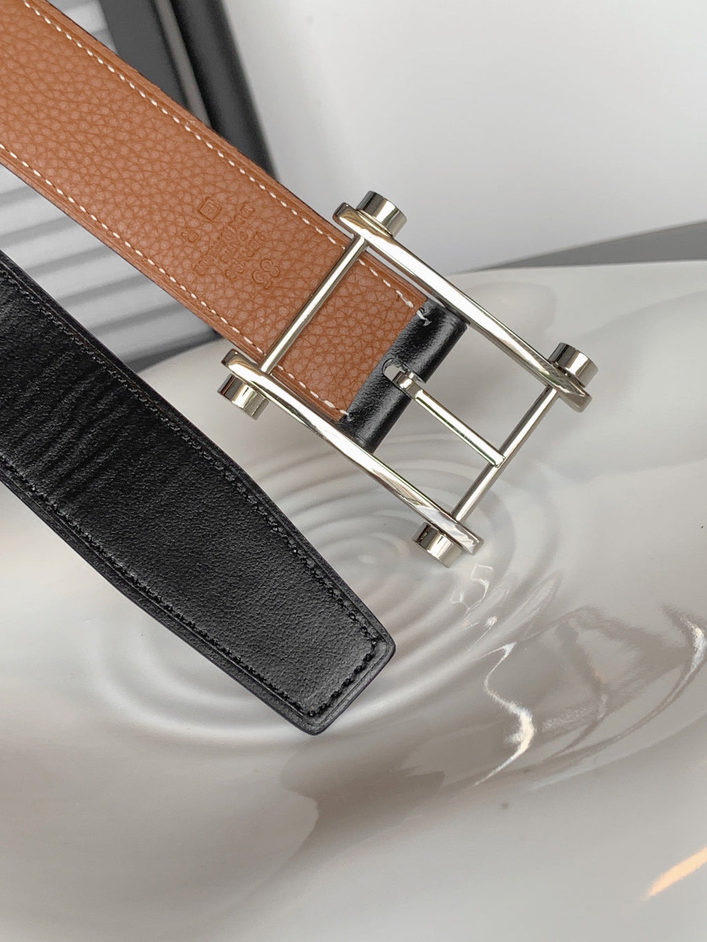HERMES REVERSIBLE BLACK AND BRONZE BROWN LEATHER STRAP 32 MM SILVER HARDWARE