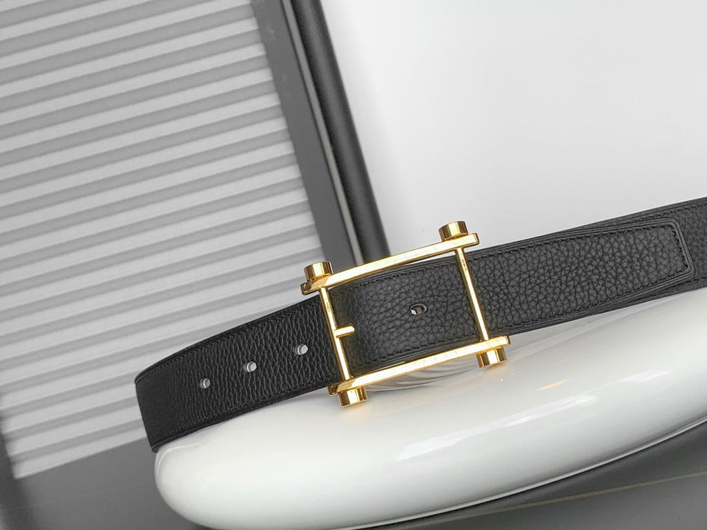 HERMES REVERSIBLE BLACK AND BLACK AND KHAKI BROWN LEATHER STRAP 32 MM GOLD HARDWARE