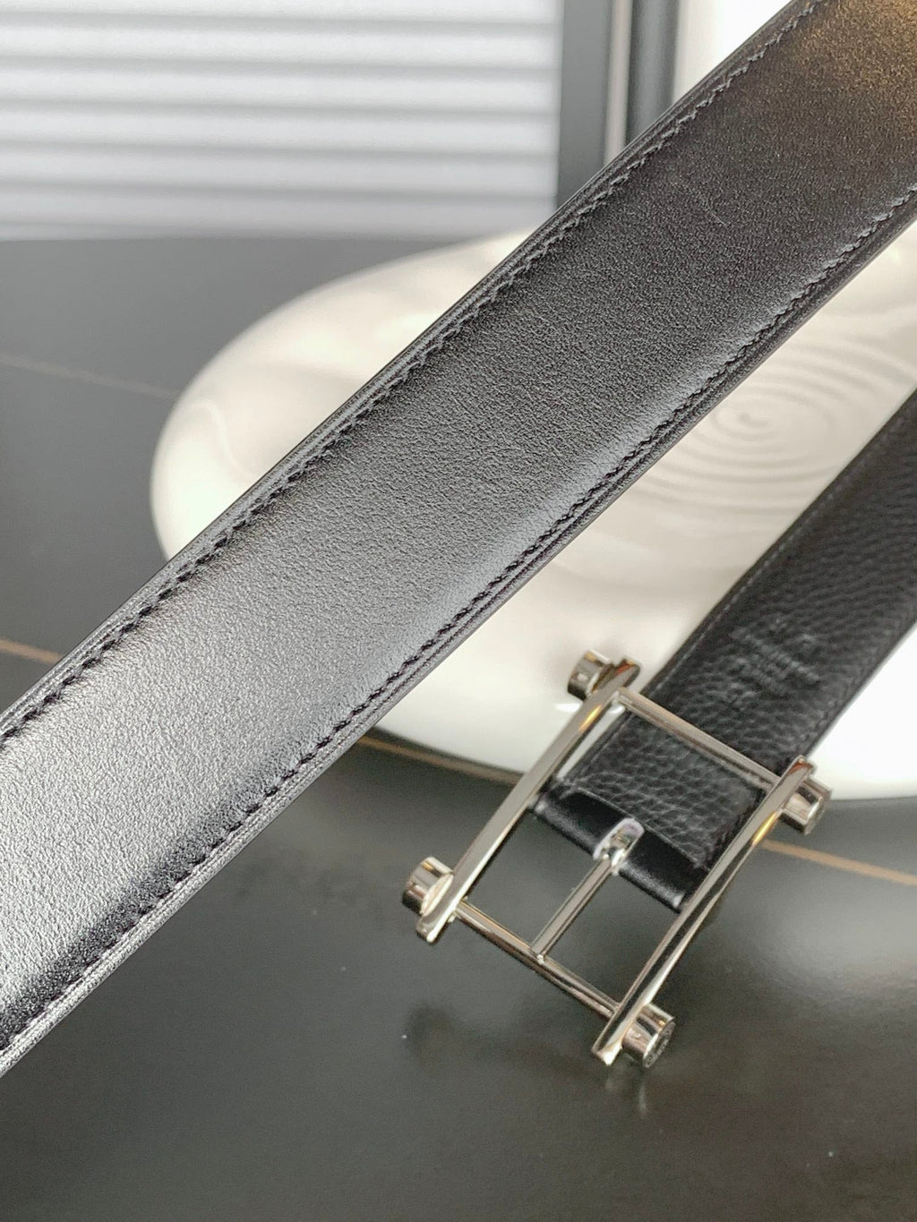 HERMES REVERSIBLE BLACK LEATHER STRAP 32 MM SILVER HARDWARE