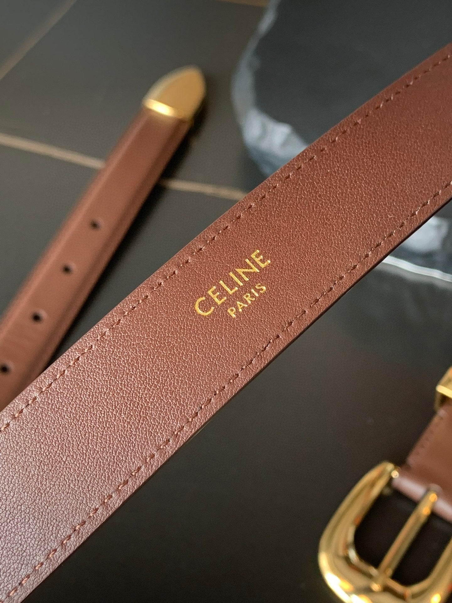 CELINE BELT 25MM MEDIUM WESTERN IN DARK BROWN CALFSKIN GOLD BUCKLE