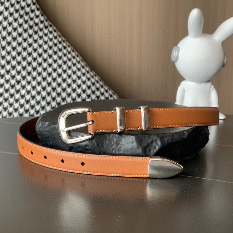 CELINE BELT 25MM MEDIUM WESTERN IN BROWN CALFSKIN SILVER BUCKLE