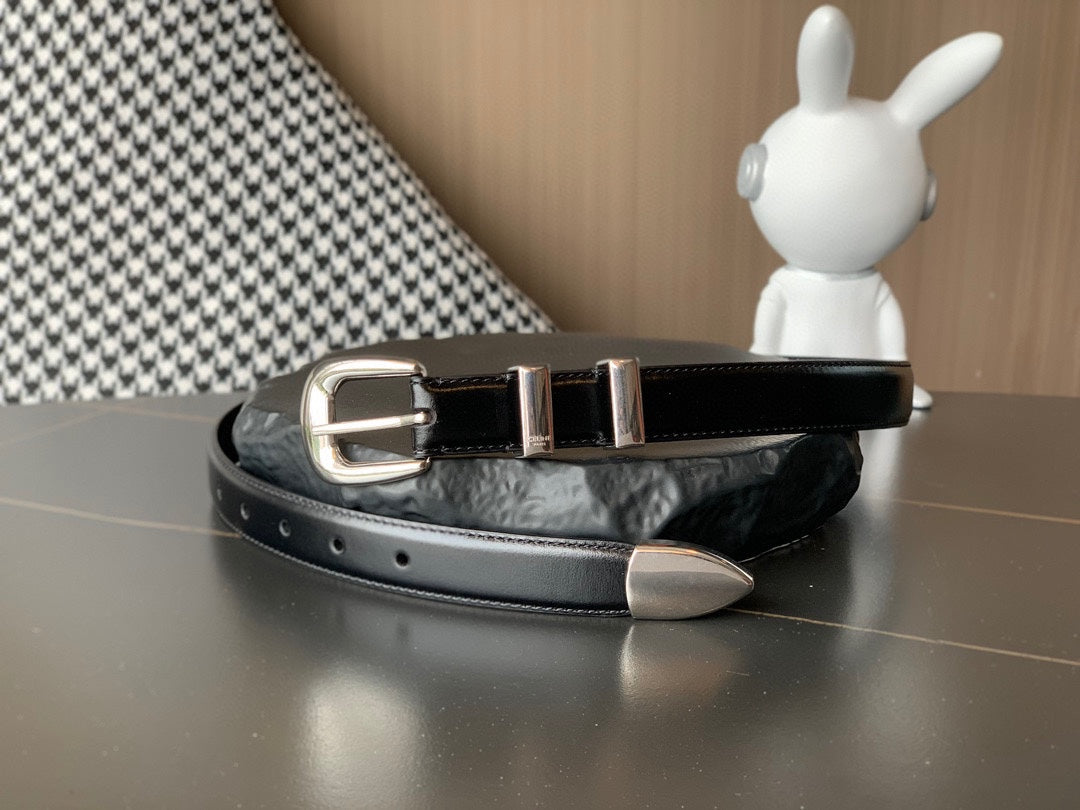 CELINE BELT 25MM MEDIUM WESTERN IN BLACK CALFSKIN WITH SILVER BUCKLE