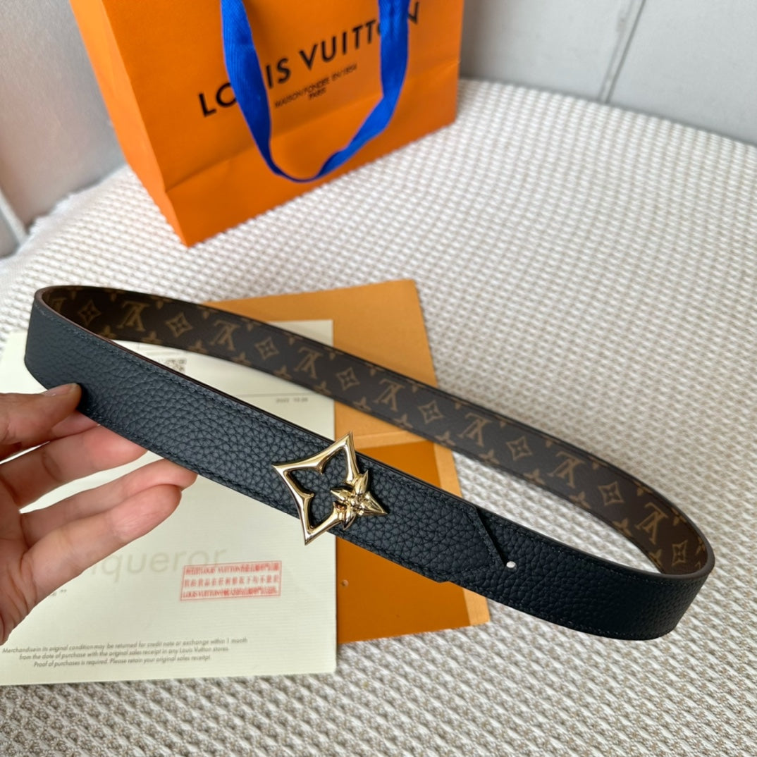 LOUIS VUITTON LV FLOWERGRAM 30MM REVERSIBLE BELT IN BLACK CALFSKIN GOLD HARDWARE