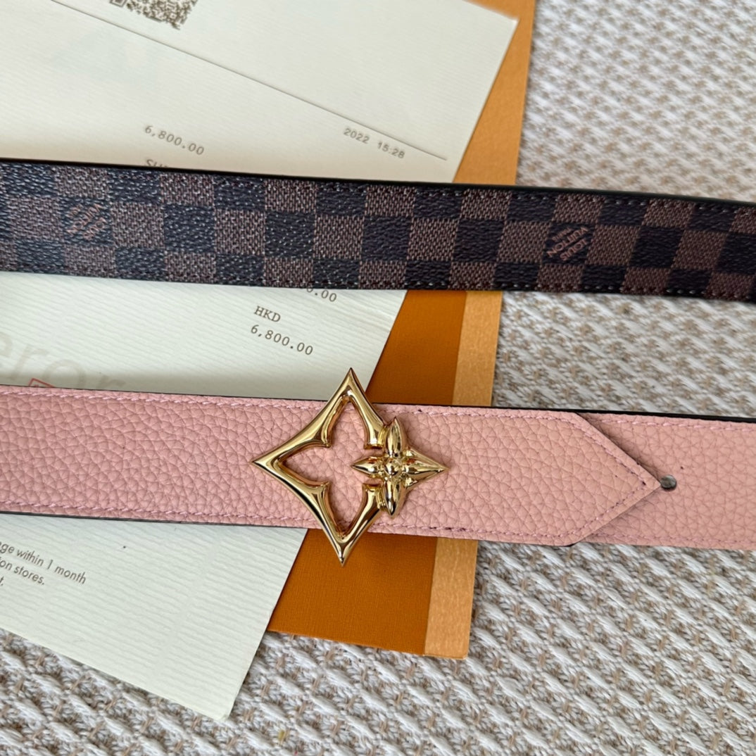 LOUIS VUITTON LV FLOWERGRAM 30MM REVERSIBLE BELT IN LIGHT PINK CALFSKIN GOLD HARDWARE