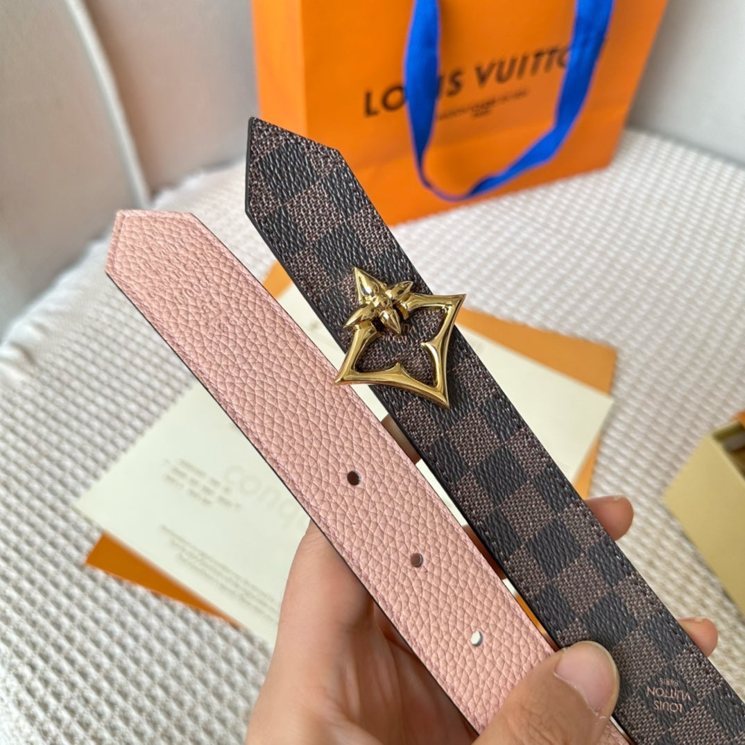LOUIS VUITTON LV FLOWERGRAM 30MM REVERSIBLE BELT IN LIGHT PINK CALFSKIN GOLD HARDWARE