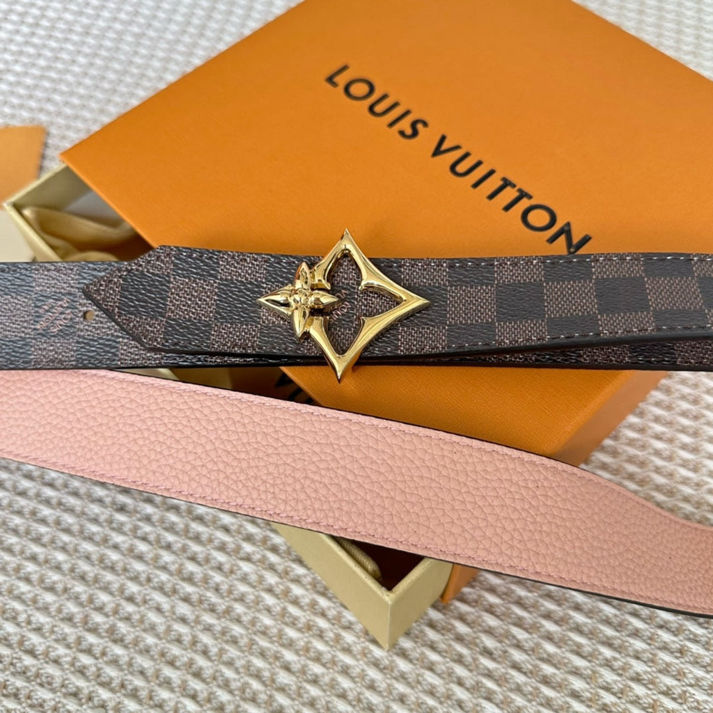 LOUIS VUITTON LV FLOWERGRAM 30MM REVERSIBLE BELT IN LIGHT PINK CALFSKIN GOLD HARDWARE
