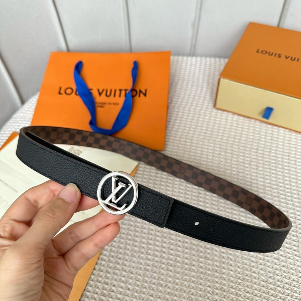 LOUIS VUITTON LV CIRCLE 25MM REVERSIBLE BELT IN BROWN DAMIER CALFSKIN SILVER HARDWARE