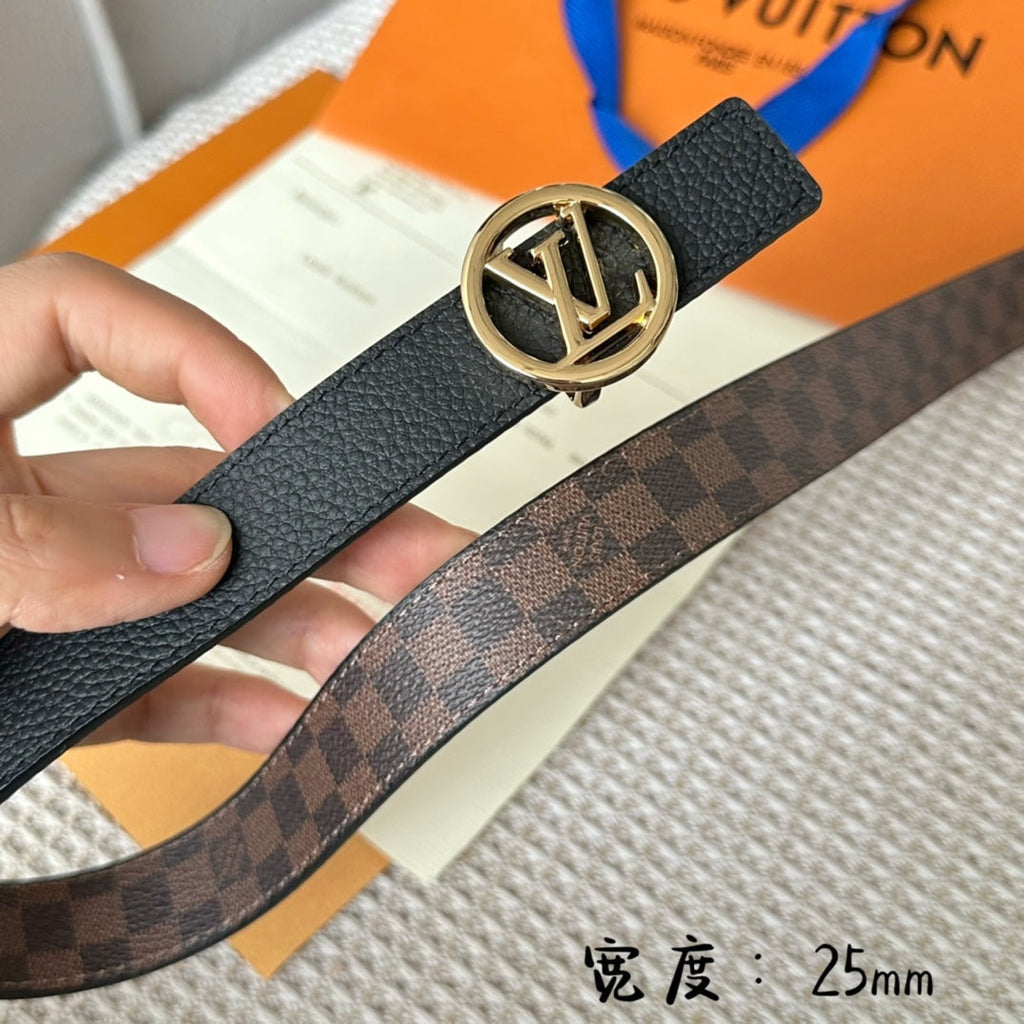 LOUIS VUITTON LV CIRCLE 25MM REVERSIBLE BELT IN BROWN DAMIER CALFSKIN GOLD HARDWARE