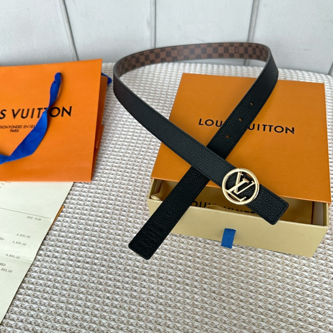 LOUIS VUITTON LV CIRCLE 25MM REVERSIBLE BELT IN BROWN DAMIER CALFSKIN GOLD HARDWARE