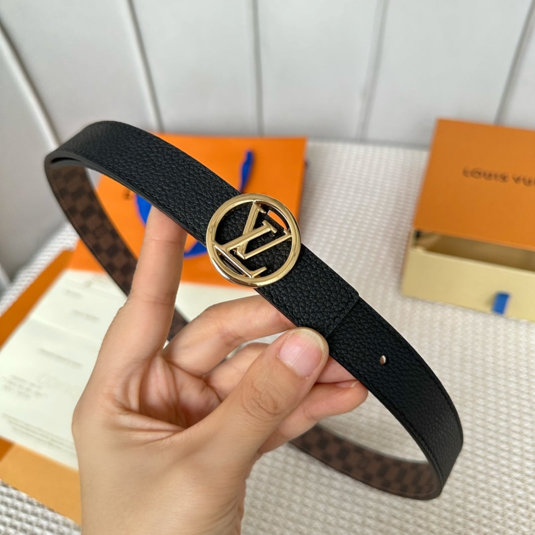 LOUIS VUITTON LV CIRCLE 25MM REVERSIBLE BELT IN BROWN DAMIER CALFSKIN GOLD HARDWARE