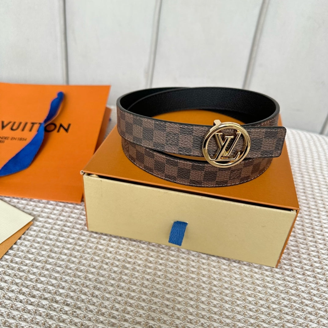 LOUIS VUITTON LV CIRCLE 25MM REVERSIBLE BELT IN BROWN DAMIER CALFSKIN GOLD HARDWARE
