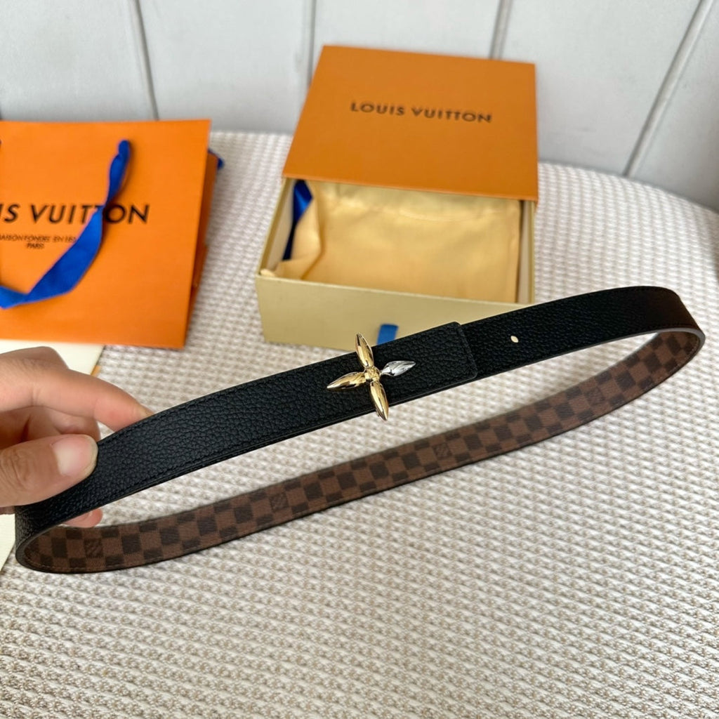LOUIS VUITTON LV FLOWERGRAM 25 MM REVERSIBLE BELT IN BROWN DAMIER CALFSKIN GOLD MIX SILVER HARDWARE