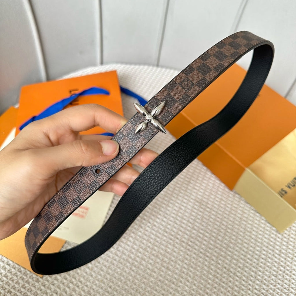 LOUIS VUITTON LV FLOWERGRAM 25 MM REVERSIBLE BELT IN BROWN DAMIER CALFSKIN SILVER HARDWARE