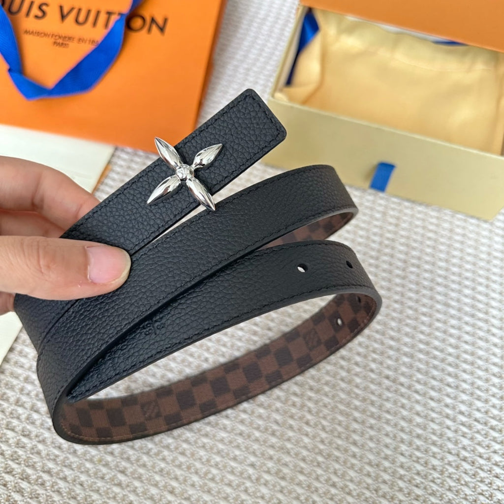 LOUIS VUITTON LV FLOWERGRAM 25 MM REVERSIBLE BELT IN BROWN DAMIER CALFSKIN SILVER HARDWARE