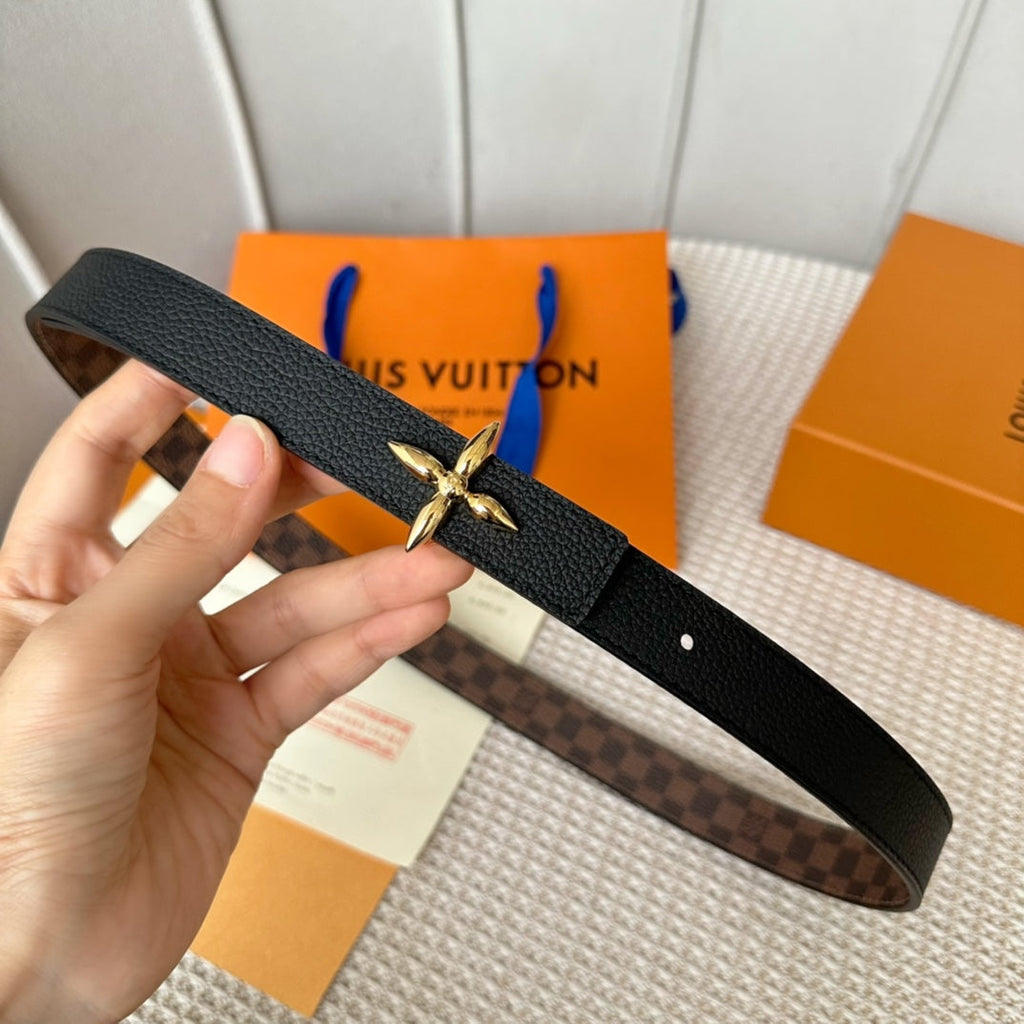 LOUIS VUITTON LV FLOWERGRAM 25 MM REVERSIBLE BELT IN BROWN DAMIER CALFSKIN GOLD HARDWARE